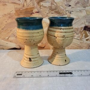 Handcrafted Pottery Goblets - Green and Tan